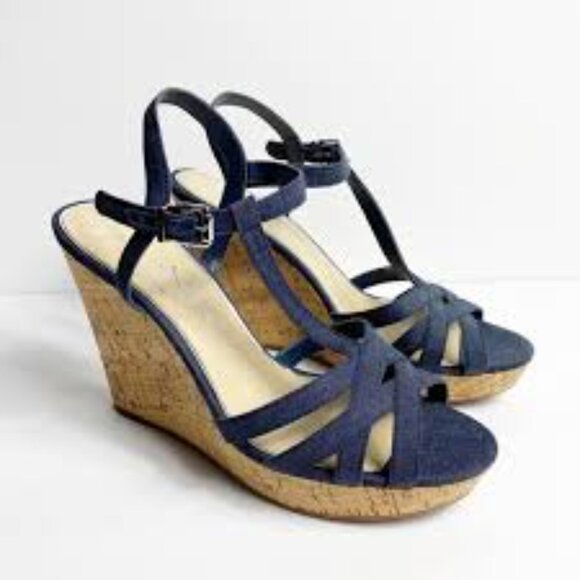 Jessica Simpson Denim Cork Wedge Sandals 7.5 - Picture 1 of 8